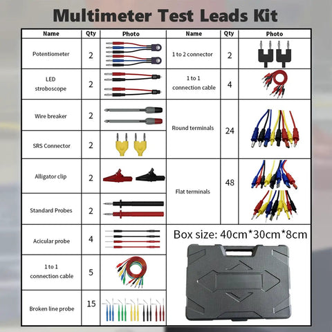 Multimeter Test Leads Kit including probes, clips, and terminals; case size 40cm x 30cm x 8cm visible