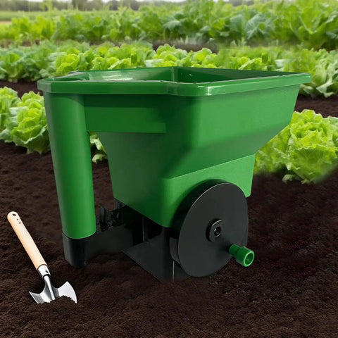 Hand Crank Garden Spreader For Lawn Care No Power Needed Seed And Fertilizer Applicator in ABS and PP, shown in lettuce rows
