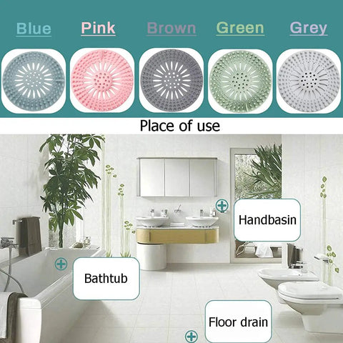 Slick Rubber Drain Stopper And Hair Catcher For Showers, Baths, And Kitchen Sinks, multiple colors displayed in a bathroom.