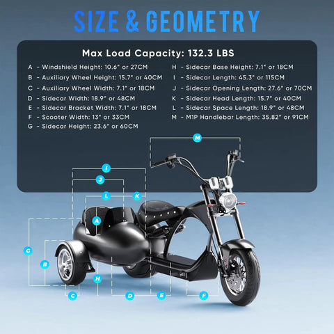 Size and geometry illustration for Blazing Fast 4000 Watt Electric Bike With 60 Volt Battery And Badass Removable Sidecar.