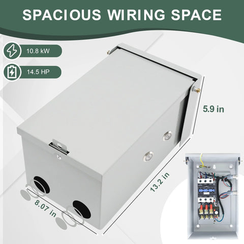 3-phase magnetic motor starter enclosure, gray metal with roomy wiring space; NEMA 3R indoor/outdoor, angled front view.