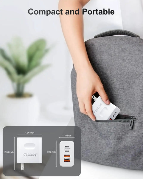 Two Pack 40W USB C Wall Charger All-in-One 4-Port Fast Charging Block With Dual USB C And USB A Ports Power Delivery 3.0 And Quick Charge in gray travel bag