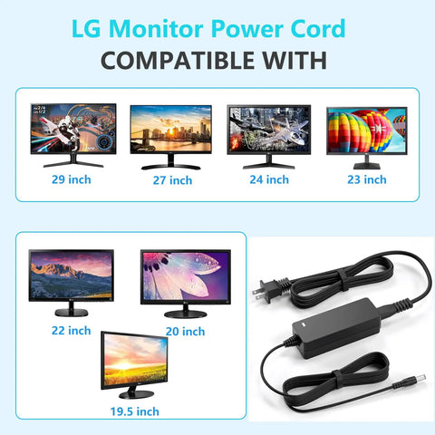 19V DC Monitor Power Cord Replacement For LCD LED Monitors And Widescreen HDTVs No Fuss Fits 22 23 24 27 Inch Displays And Flat Panel TVs Compatible Power Adapter Cord For Various Models, black adapter cord with plug