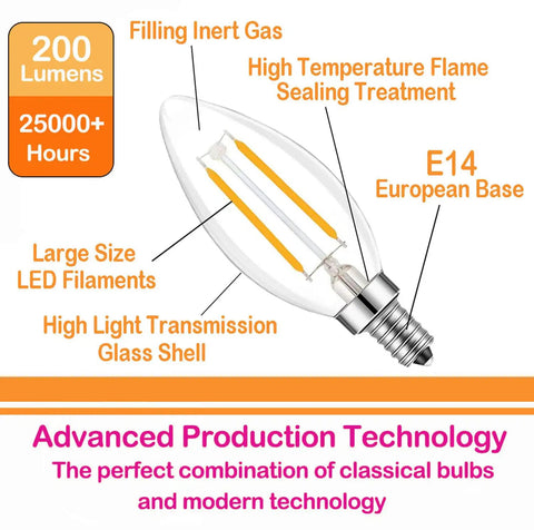 E14 European Base LED Filament Edison Bulb 2W Warm White 2700K Non Dimmable Four Pack, diagram details technology and features