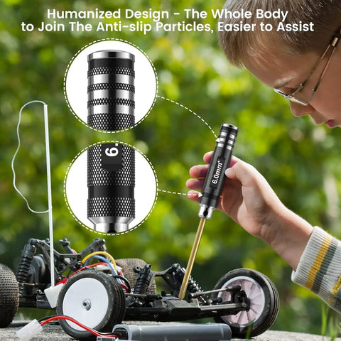 Child fixing RC car with 6mm tool from Remote Control Car Tool Kit 16 Piece Screwdriver Set With Flat Phillips Hex Bits Titanium Alloy Drivers And A Handy Storage Bag For RC Cars Drones Helicopters And Other Model Rigs