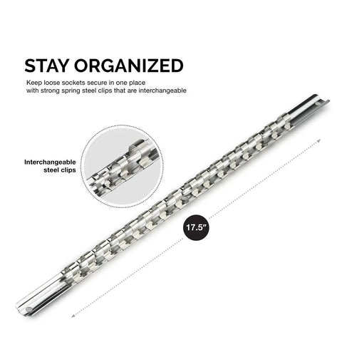 Socket Holder Rail 3 Piece Organizer Set For 1/4, 3/8, And 1/2 Inch Drive Sizes, nickel-plated steel clips, product length shown.