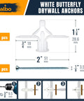 White butterfly drywall anchor and screw dimensions in a Drywall Anchor Kit With Screws 120 Piece Hollow Wall Set.