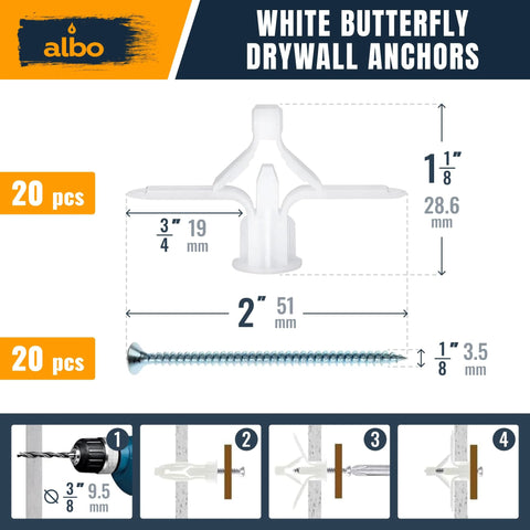 White butterfly drywall anchor and screw dimensions in a Drywall Anchor Kit With Screws 120 Piece Hollow Wall Set.