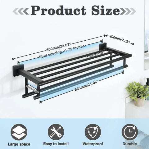 Dimensions of Matte Black Double Towel Rack For Bathroom Wall Mounted 24 Inch Stainless Steel Towel Bar Organizer With Shelf SUS304