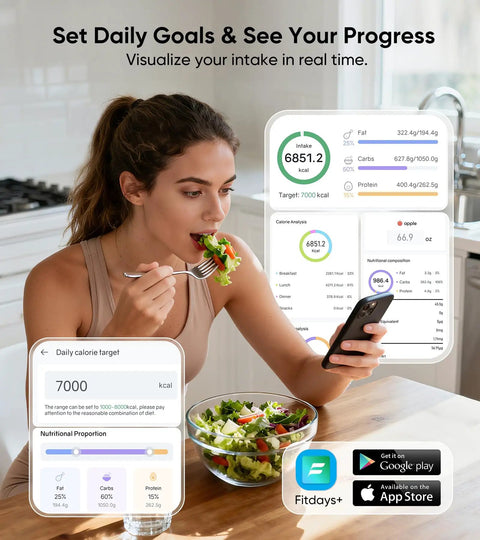 Woman using phone to sync with Smart Nutrition Scale For Real Foodies Tracks Calories Fat Carbs And Protein With TFT Display.