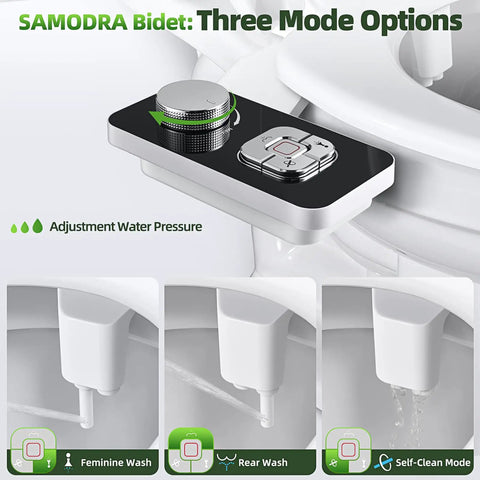 Must Have Non Electric Cold Water Bidet Toilet Seat Attachment With Pressure Controls And Retractable Self Cleaning Dual Nozzles For Front And Rear Wash In Black, showing knob and button controls with three mode options.