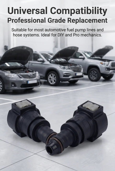 Ride Ready Straight Fuel Line Quick Connector Three Eighth Inch Nylon Hose Coupler black quick connectors in automotive setting.