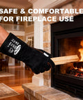 14 Inch Heat Resistant Leather Welding Glove With Kevlar Stitching For Fireplace Grill Fire Pit Campfire Wood Stove 482 Fahrenheit CE Certified MIG Stick Forge Oven Animal Handling in use at fireplace