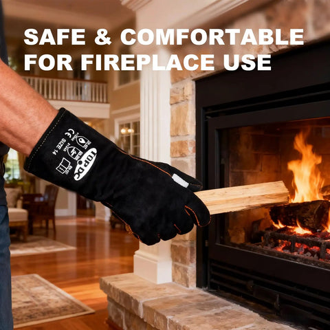 14 Inch Heat Resistant Leather Welding Glove With Kevlar Stitching For Fireplace Grill Fire Pit Campfire Wood Stove 482 Fahrenheit CE Certified MIG Stick Forge Oven Animal Handling in use at fireplace
