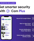 Smartphone displaying Color Night Vision 1080p Indoor And Outdoor Security Camera events with Cam Plus service details