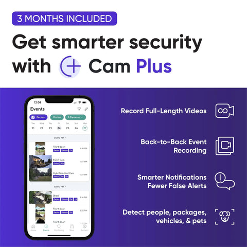 Smartphone displaying Color Night Vision 1080p Indoor And Outdoor Security Camera events with Cam Plus service details