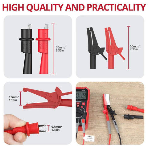 28 Piece Silicone Multimeter Leads Kit With Replaceable Gold Plated Probes And Alligator Clips, showing size and practicality