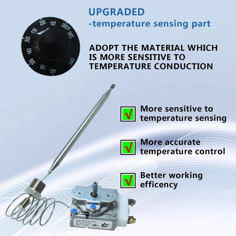 Thermostat Control Replacement for Gas Fryer Millivolt Low Voltage RX-2-24 with knob, bulb, and NPT nut; efficiency features highlighted.