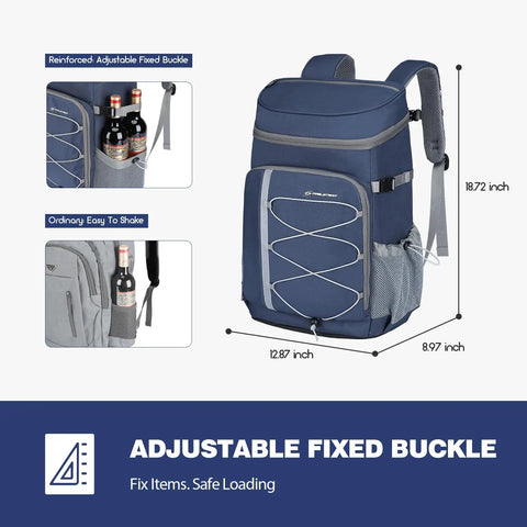 Dimensions and buckle details of 35 Can Leakproof Insulated Cooler Backpack For Beach Camping Kayaking And Hiking, Blue.