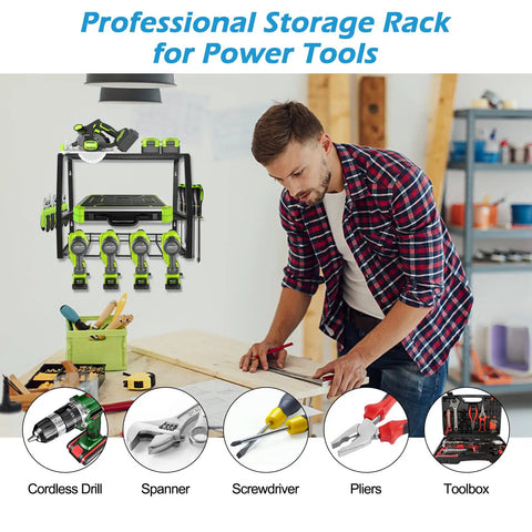 Heavy Duty Power Tool Organizer Wall Mount Shelf With Floating Metal Construction Cordless Drill Holder Garage Storage Rack And Utility Organizer For Home Workshop Gift For Dad Husband Or Friend next to a man working in a workshop.