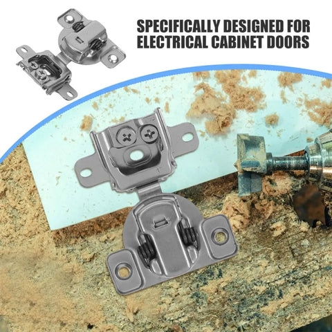 Folding Concealed Cabinet Hinges With Soft Close, showing zinc alloy construction against wood shavings, specifically designed for electrical cabinets.