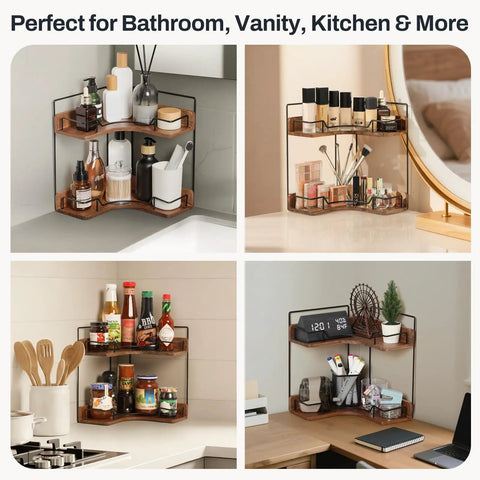 Super Sleek 2 Tier Wooden Corner Shelf For Bathroom Counter And Vanity in corner with skincare and cosmetics.
