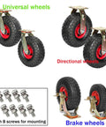 Heavy Duty Industrial Casters Delivering Quiet Smooth Rolling With Rock Solid Swivel Or Fixed Options Featuring Shock Absorbing Inflatable Rubber Tires. Universal, directional, and brake wheels on display with mounting screws.
