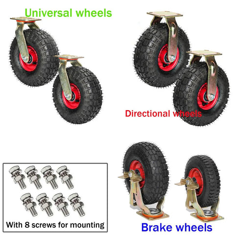 Heavy Duty Industrial Casters Delivering Quiet Smooth Rolling With Rock Solid Swivel Or Fixed Options Featuring Shock Absorbing Inflatable Rubber Tires. Universal, directional, and brake wheels on display with mounting screws.