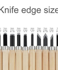 Knife edge sizes of Pro Grade Ten Piece Wood Carving Chisel Set Forged From Heat Treated Chrome Vanadium Steel.