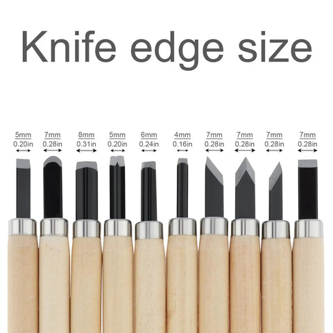 Knife edge sizes of Pro Grade Ten Piece Wood Carving Chisel Set Forged From Heat Treated Chrome Vanadium Steel.