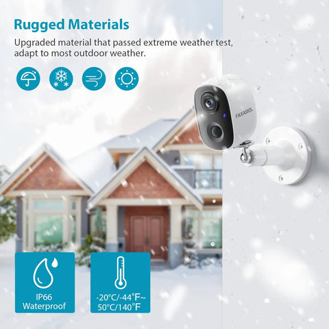 Wireless Outdoor Security Camera with Battery Power No Fuss Setup 1080P Color Night Vision WiFi on house wall IP65 waterproof snow