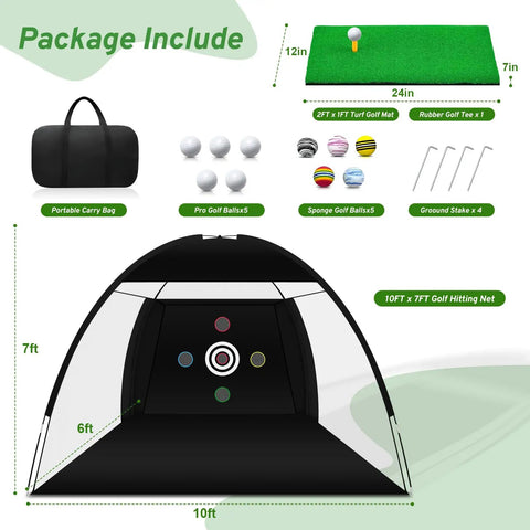 Package contents for Golf Practice Net With Hitting Mat For Backyard Driving And Chipping, 10x7 Ft Large Net With Four Target Panels, Includes 24x12 Inch Mats For Realistic Swings And Pro Style Drills, Durable Black Backstop.