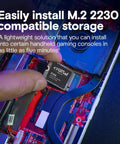 Installing 2TB M.2 2230 PCIe Gen4 NVMe SSD Up To 7,100 MBps Read 6,000 MBps Write in portable gaming setup.