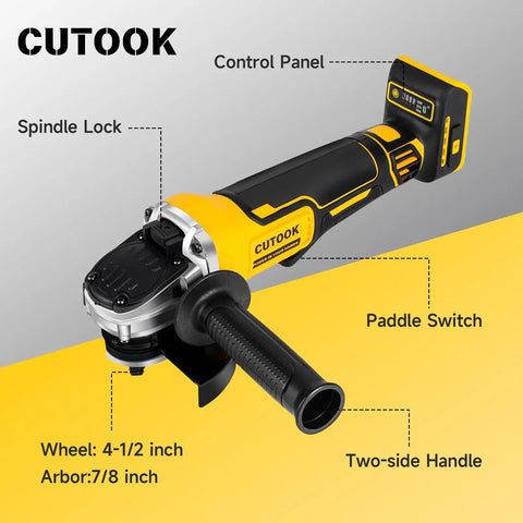 Cordless 4.5 Inch Angle Grinder With 10000 RPM Brushless Motor, shown with labeled controls and handle
