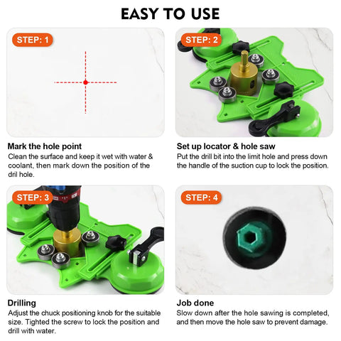 Pro Grade Hole Saw Kit With 17 Pieces Double Suction Cups And Guide Jig For Precise Drilling From 6mm To 50mm steps overview