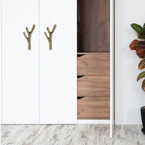 Installed branch shaped cabinet handles on white doors, Branch Shaped Cabinet Handles Four Piece Set Vintage Retro Metal Drawer Knobs For Wardrobe Kitchen Bathroom Cupboard Easy Install Single Hole Mount Classic Furniture Pulls For Cabinets And Doors