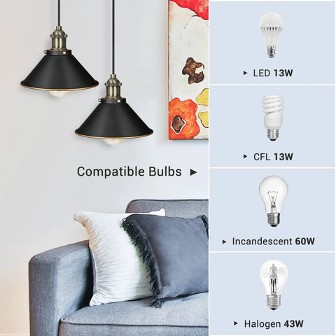 Plug In Pendant Light Dual Pack Farmhouse Chic Industrial Swag Lamp With 15Ft Cord Black Exterior White Interior Shade Retro Copper Accents For Kitchen Sink Living Room Bedroom Dining Hall with compatible bulbs displayed
