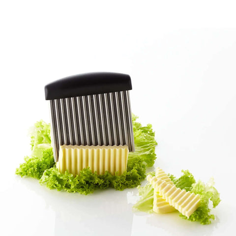 Triangle crinkle cutter with stainless steel blades and black handle; creates julienne, waffle, and wavy cuts.