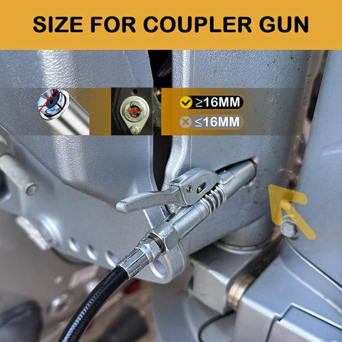 Grease gun coupler with 1/8 NPT fitting; silver metal, 12-inch flexible hose, installed on grease gun