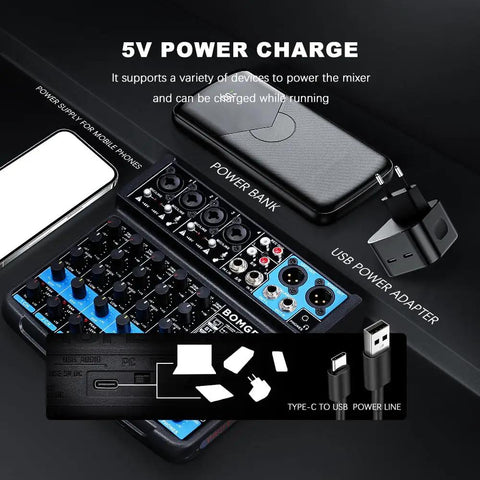 Six Channel Mini DJ Audio Mixer With USB Interface Bluetooth And 99 DSP Effects And 48V Phantom Power, power bank and adapter