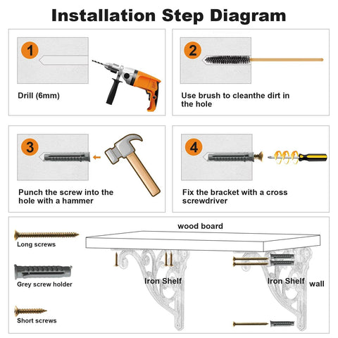 Installation diagram for 8 Inch Heavy Duty Antique Brass Shelf Brackets Set Of 4 For Wall Mounted Shelves Victorian Baroque Style Decorative Rack Supports