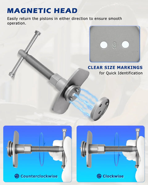 Front view: Dayuan disc brake caliper piston rewind tool kit with magnetic head, silver metal for cars and trucks