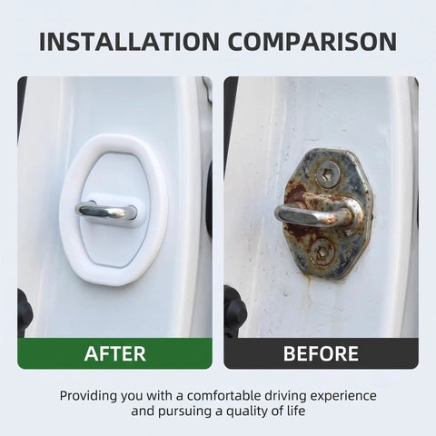 Before and after comparison of heavy duty white silicone door latch covers for cars, showing installation improvement.