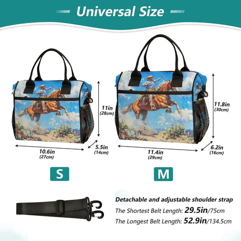 Desert Cooler Lunch Bag With Insulated Tote, artwork of cowboy on horse, sizes S and M, with detachable shoulder strap