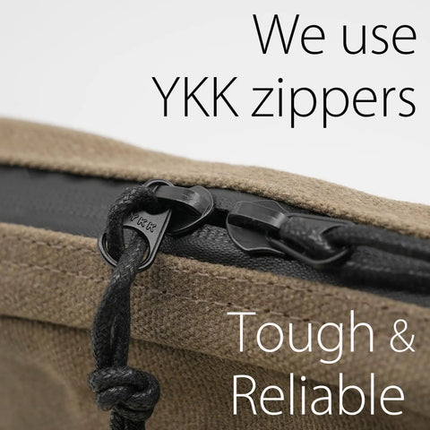 Close-up of YKK zipper on Heavy Duty Waxed Canvas Belt Pouch With YKK Zippers For Men And Women, EDC Waist Pack in Olive, Medium
