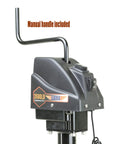 Libra 3500lb electric trailer tongue jack with manual handle, black housing, mounted on trailer tongue