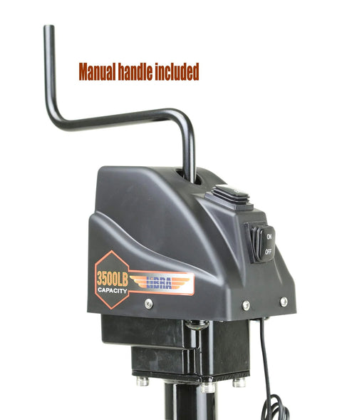 Libra 3500lb electric trailer tongue jack with manual handle, black housing, mounted on trailer tongue