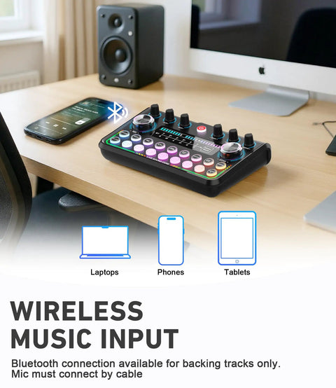 A soundboard on a desk next to a smartphone, part of the Two Microphones Podcast Kit With Soundboard For Beginners Plug And Play Setup.