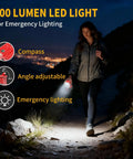 Hit The Road With Heavy Duty Juice From This 300W Portable Power Inverter For Makita 20V And 18V Batteries Converting DC To AC 110V For Camping Featuring Type C And Dual Usb Ports With A Cool Led outdoor image of a woman hiking with 200 lumen LED light at night.