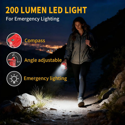Hit The Road With Heavy Duty Juice From This 300W Portable Power Inverter For Makita 20V And 18V Batteries Converting DC To AC 110V For Camping Featuring Type C And Dual Usb Ports With A Cool Led outdoor image of a woman hiking with 200 lumen LED light at night.